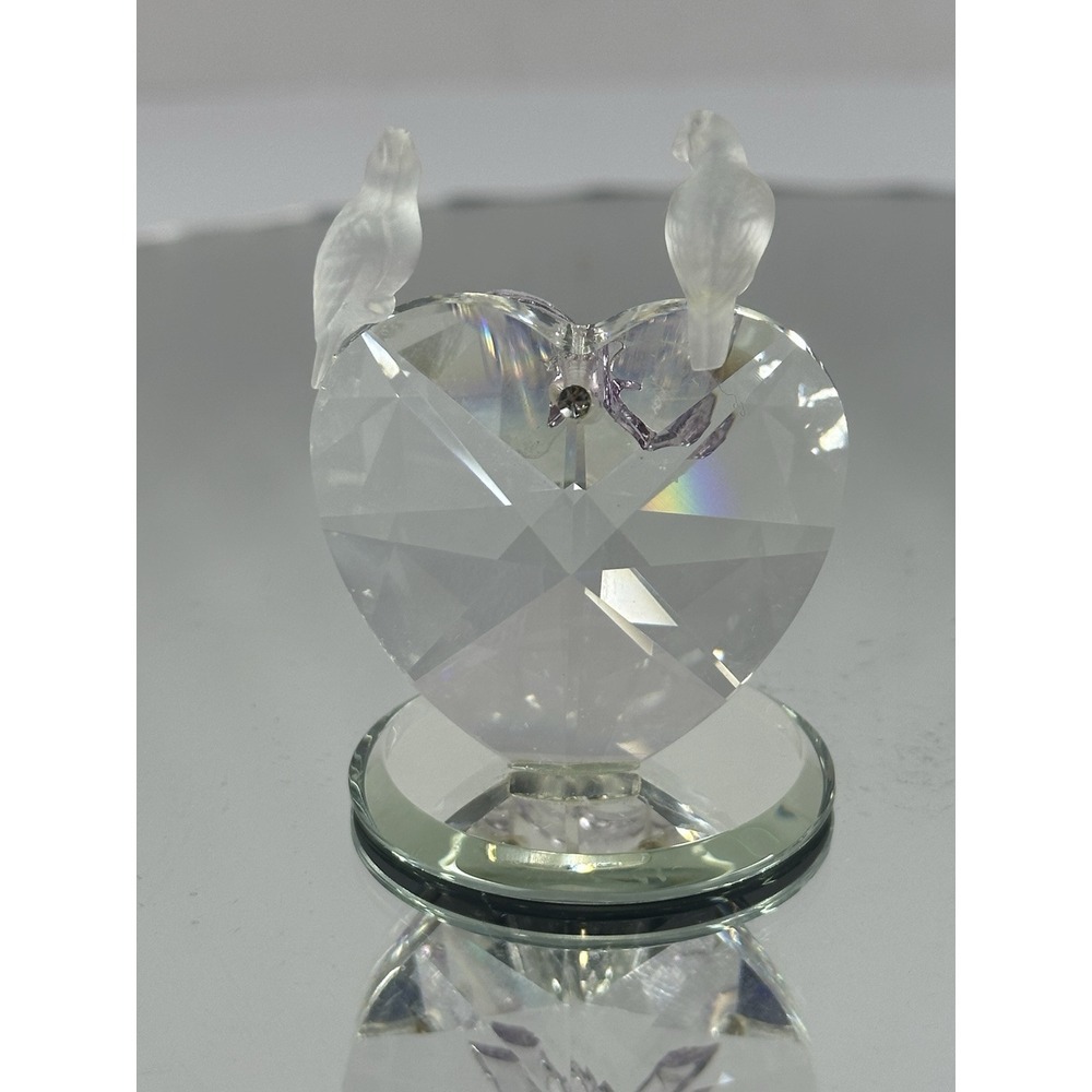 Crystal Heart & Doves Figurine On Mirror Base 2" Tall Vintage - Picture 2 of 6